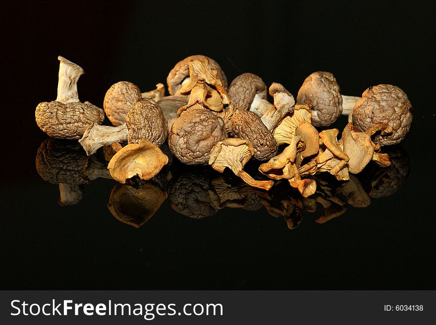 Healthy and dried mushrooms on a black background