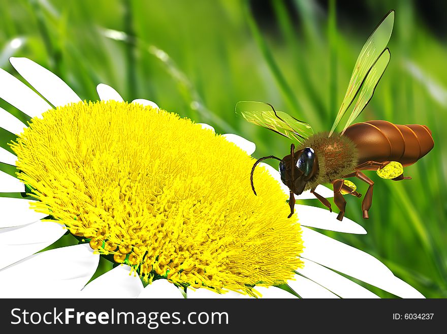 Bee flying over the flower. Illustration. 3D render.