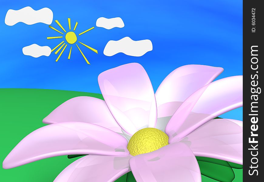 Pink spring flower on the green meadow. Illustration. 3D render. Pink spring flower on the green meadow. Illustration. 3D render.