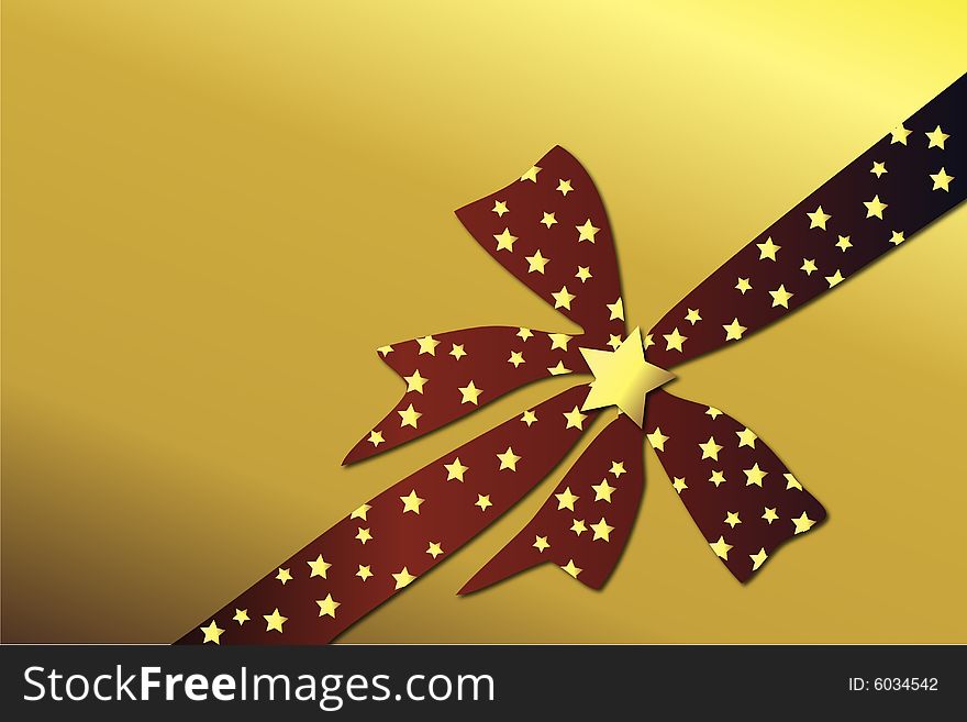 Red Bow With Golden Stars On Golden Background