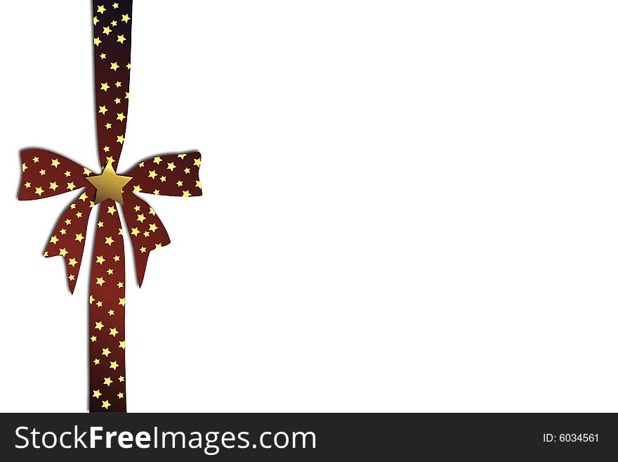 Illustration of a red christmas bow with golden stars on a white background