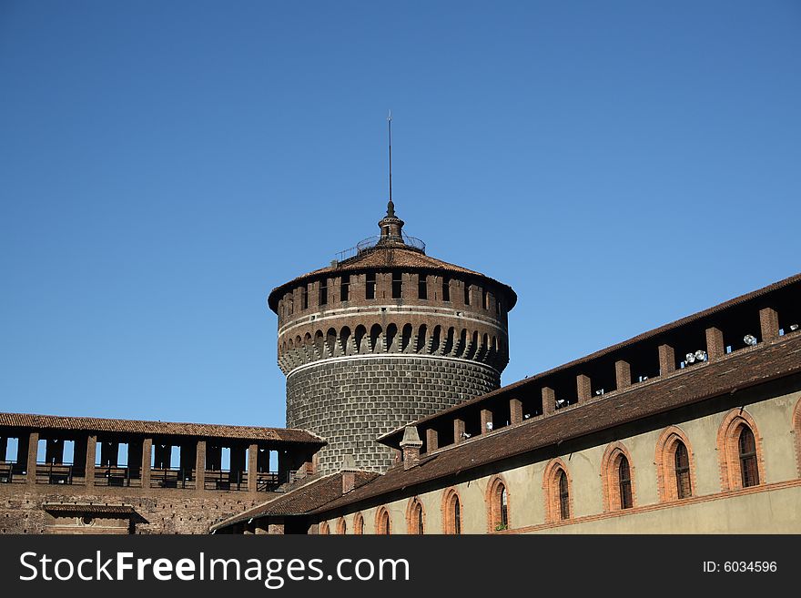 One of the towers of Castello Sforzesco in Milan, Italy. One of the towers of Castello Sforzesco in Milan, Italy