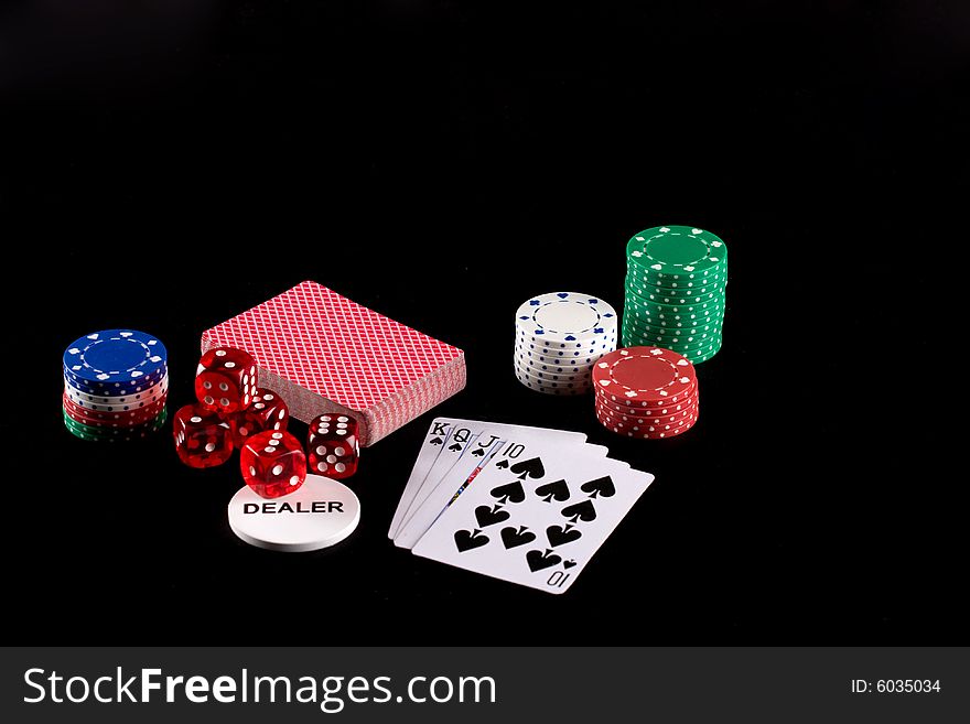 Poker chips, dice and playing cards. Poker chips, dice and playing cards