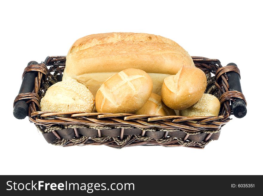 Basket of wheat bread and buns. Basket of wheat bread and buns.