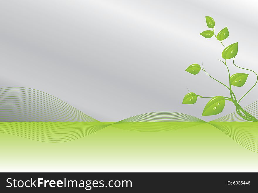 A background in light green, silver, grey with a green curve and a green plant. A background in light green, silver, grey with a green curve and a green plant