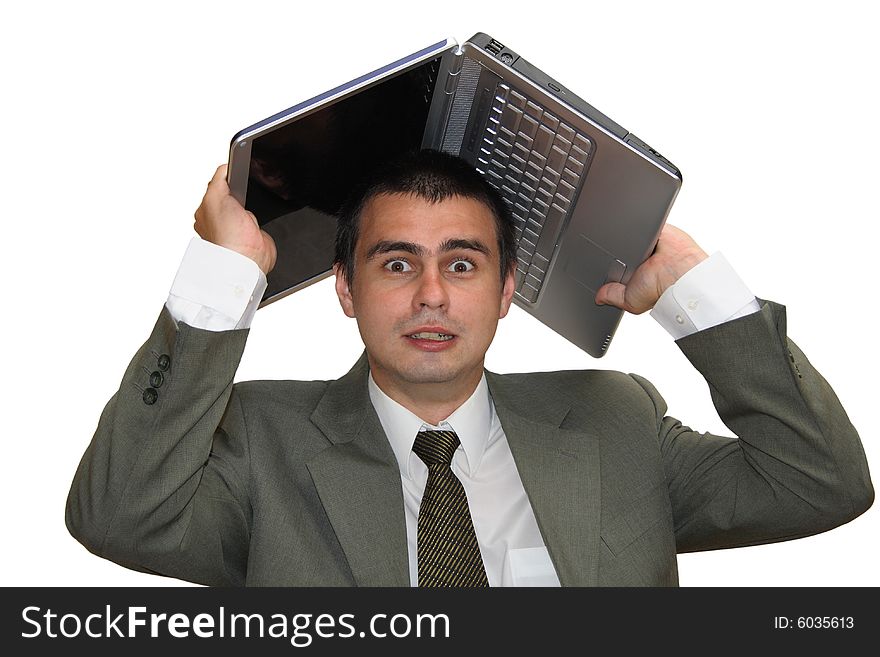Businessman holding laptop over his head on white background. Businessman holding laptop over his head on white background