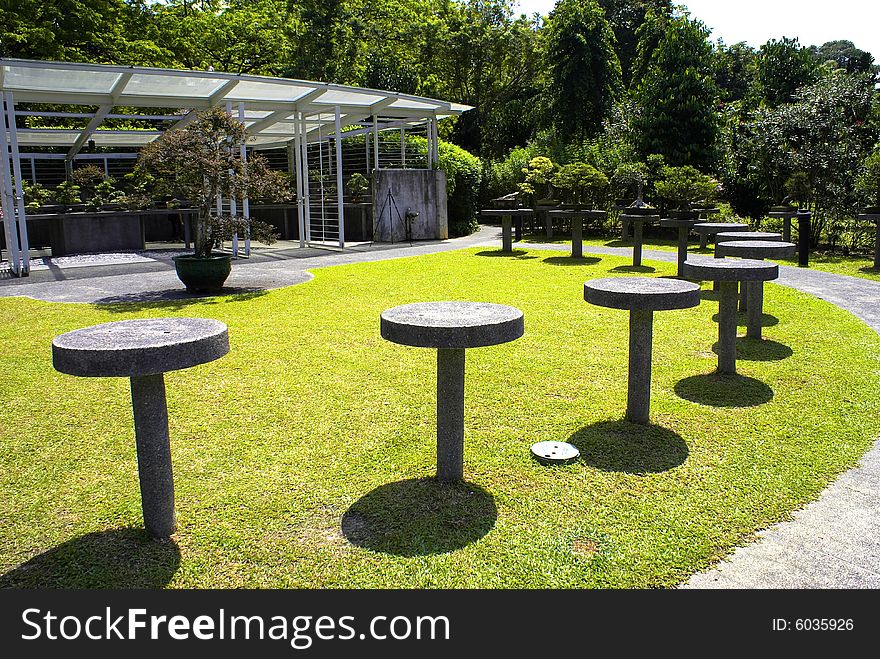 Place for miniascape exhibition in a tropical green garden