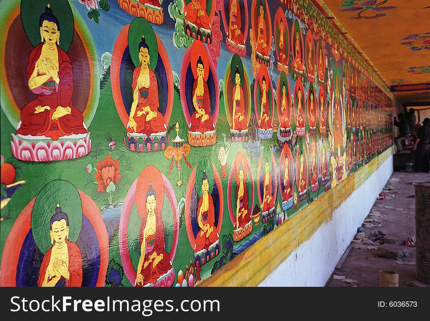 Fresco in the Buddhism temple . Fresco in the Buddhism temple .