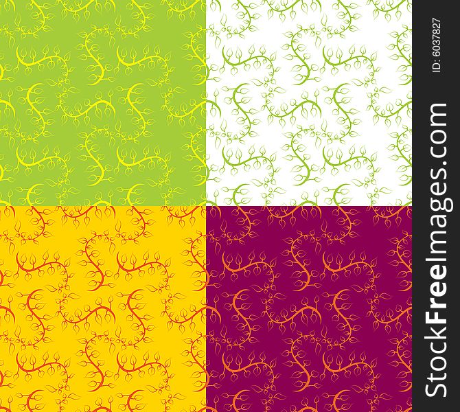 Seamless vector backgrounds, with repeating leaves, 4 different colors. Seamless vector backgrounds, with repeating leaves, 4 different colors.