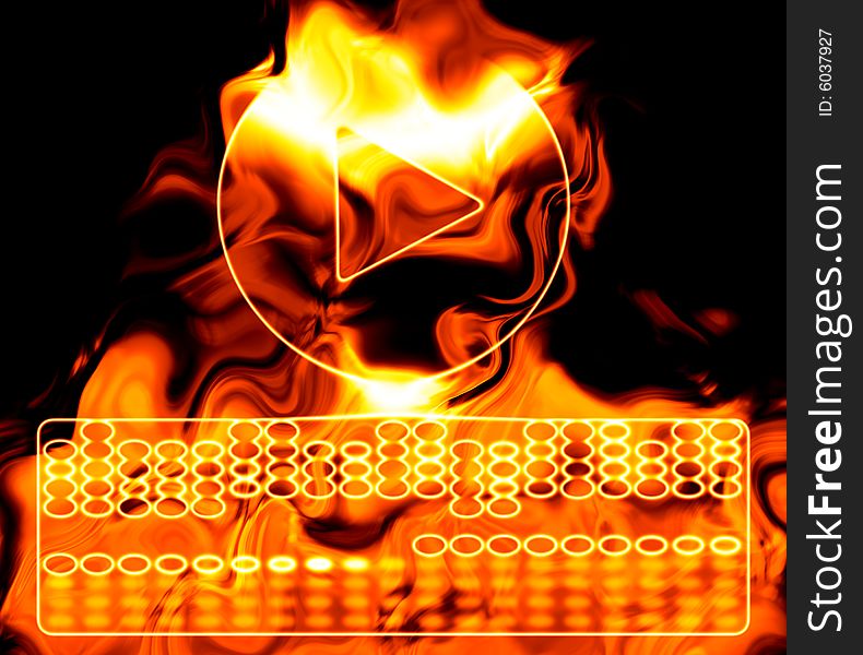 Hot music illustration with play button and equalizer in flames. Hot music illustration with play button and equalizer in flames.