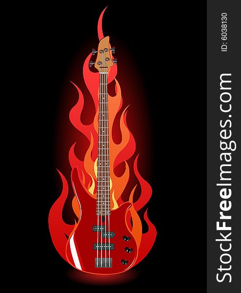 Vector Illustration Of Bass Guitar In Flames