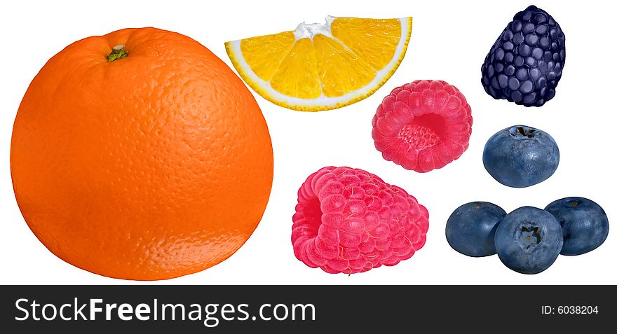 Popular fruits isolated on white background with path. Small made in macro mode and resized to meet proportions with bigger.