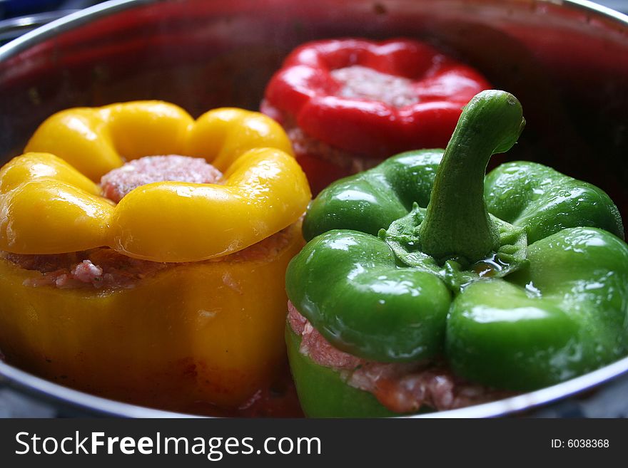 Colourful peppers filled with fresh meat. Colourful peppers filled with fresh meat