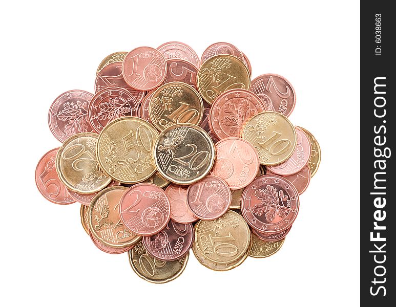 A bunch of coins isolated on a white background. A bunch of coins isolated on a white background