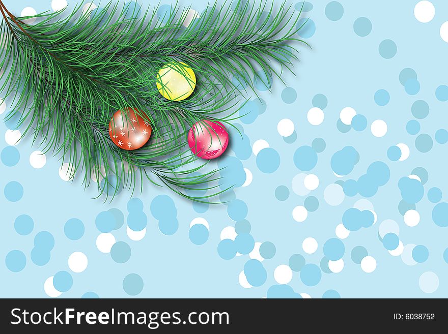 Christmas card. The fur-tree branch decorated by multi-coloured spheres on an abstract background.