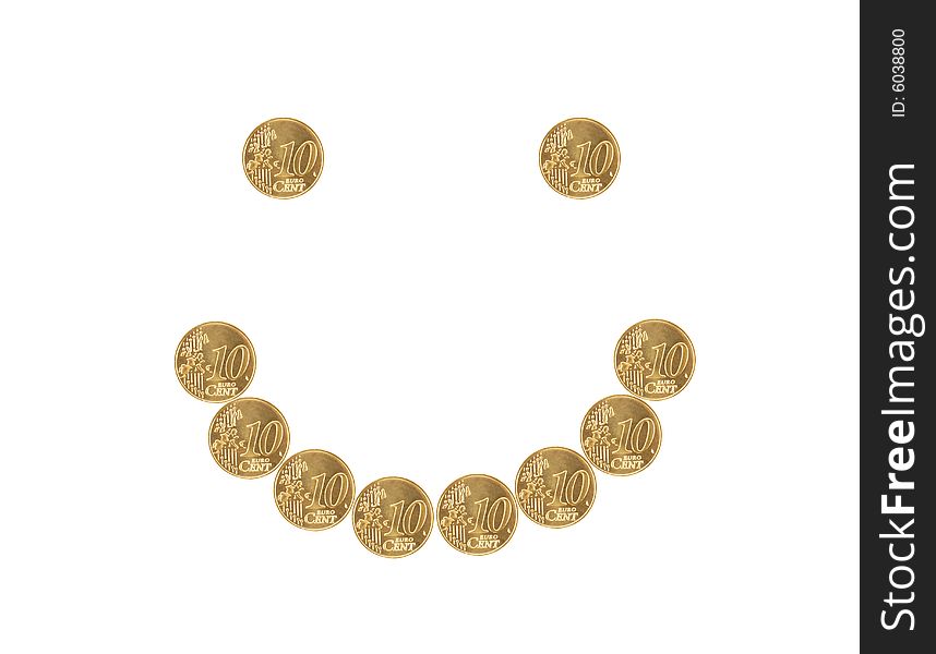 A smiley symbol made of euro coins isolated on a white background