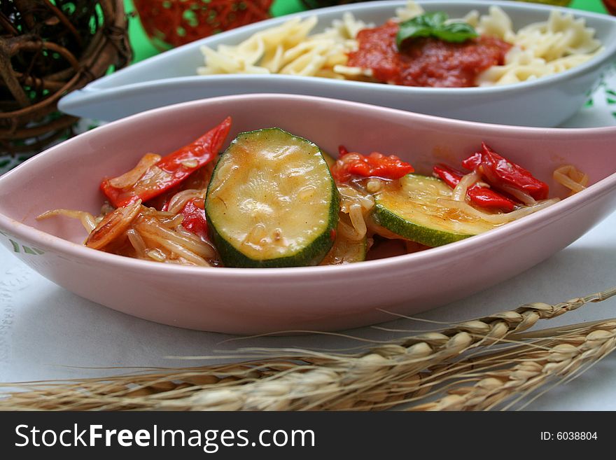 A stew of fresh vegetables and some pasta