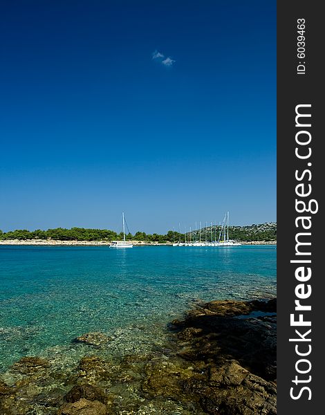 Sail boats docked in beautiful bay, Adriatic sea, Croatia