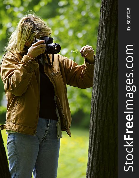 Woman photographer shooting a leaf on a tree