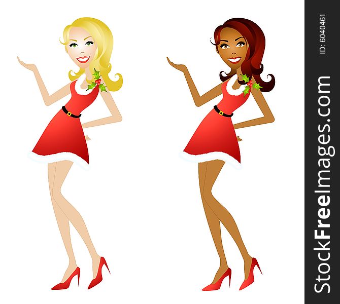 An illustration featuring your choice of caucasian or african american woman dressed in little red dresses with holly leaves and hands raised. An illustration featuring your choice of caucasian or african american woman dressed in little red dresses with holly leaves and hands raised