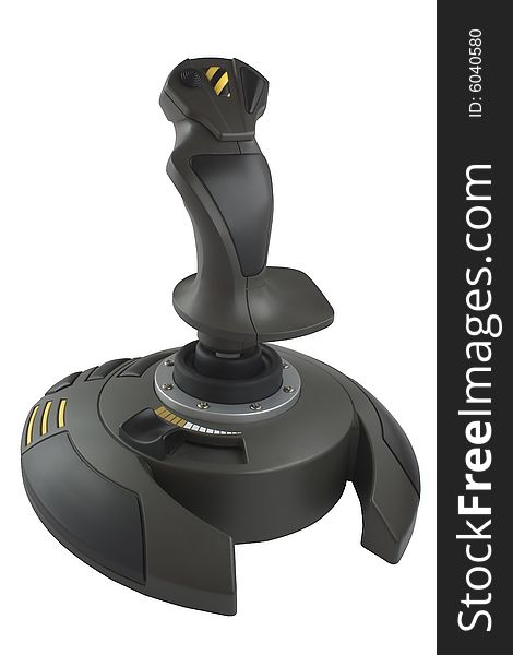 Joystick black color with yellow buttons on a white background it is isolated