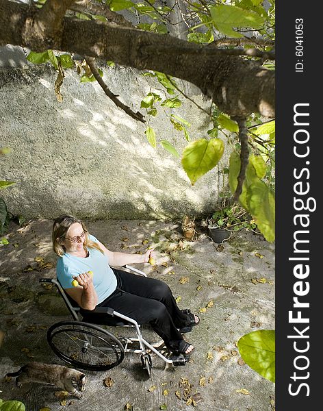 Woman performs resistance excercises while sitting in wheelchair beneath tree. Photo is taken from above. Vertically framed photo. Woman performs resistance excercises while sitting in wheelchair beneath tree. Photo is taken from above. Vertically framed photo.