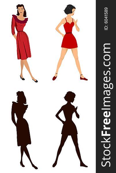 Two women illustrations and silhouette versions