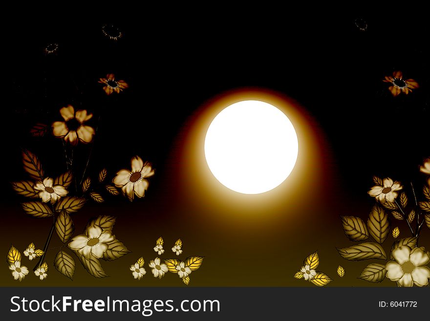 The moon light raising on flowers in night effect, created by illustration