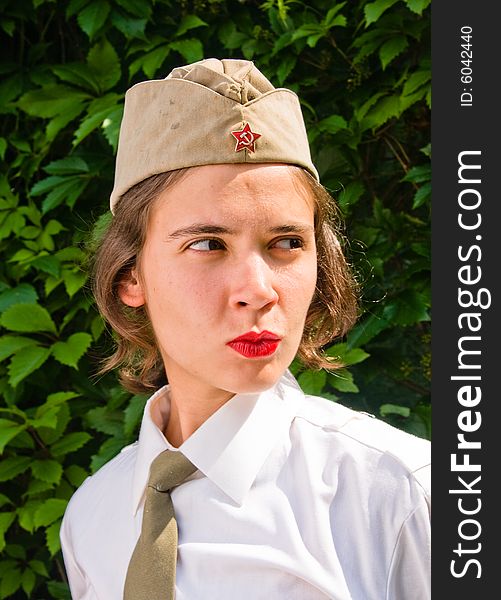 Girl wearing a soviet soldier cap