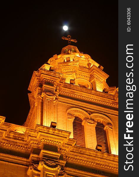 A Church in China with the moon in the night. A Church in China with the moon in the night