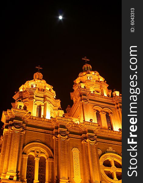 A Church in China with the moon in the night. A Church in China with the moon in the night