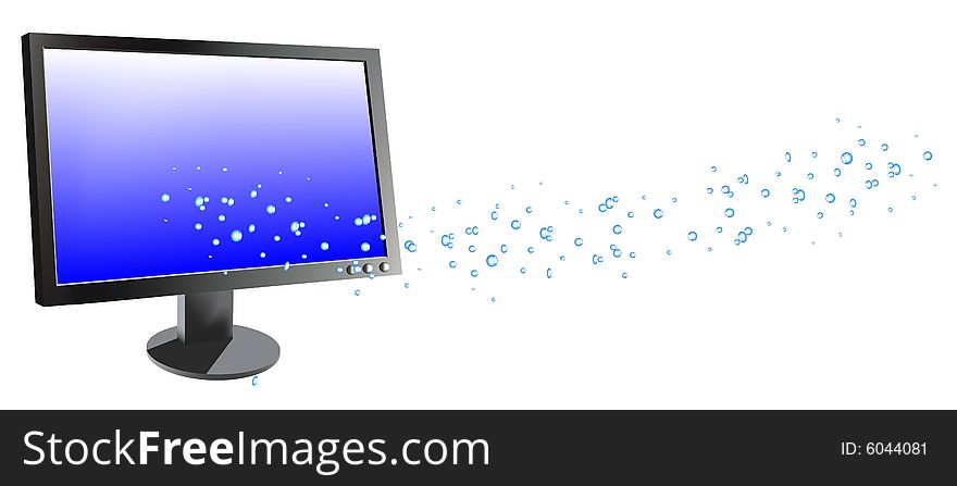 Water coming from computer monitor, vector illustration