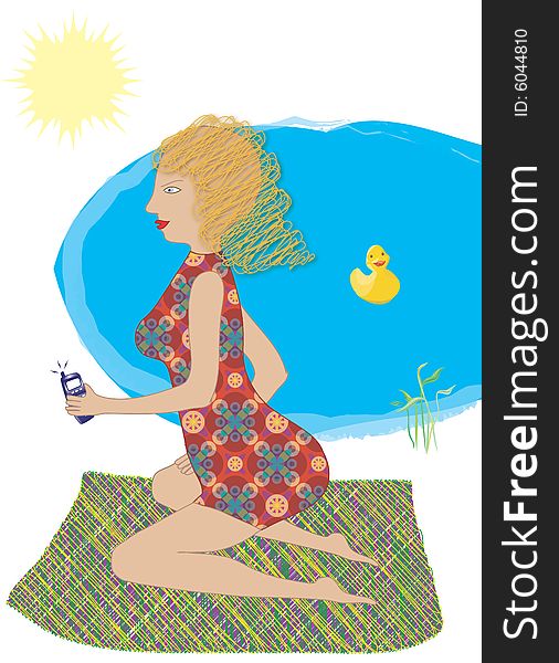 Illustration, Woman is kneeling on the beach. Illustration, Woman is kneeling on the beach