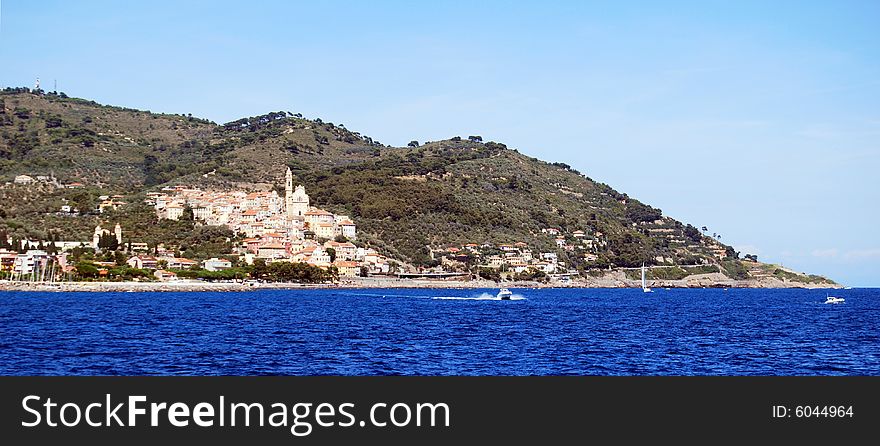 View of Cervo, medieval village in Liguria, Italy from the sea.