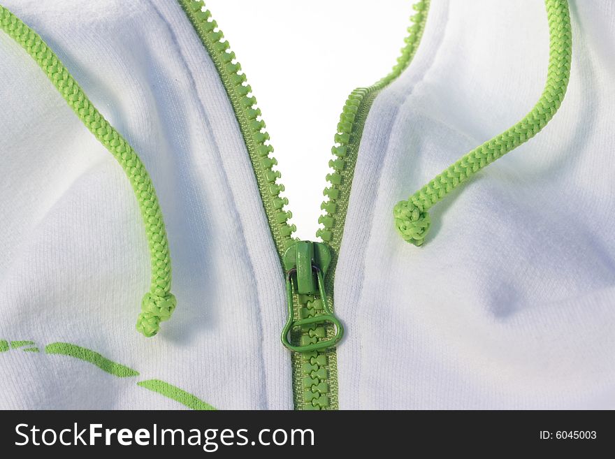 White jacket with green zipper isolated on white. White jacket with green zipper isolated on white