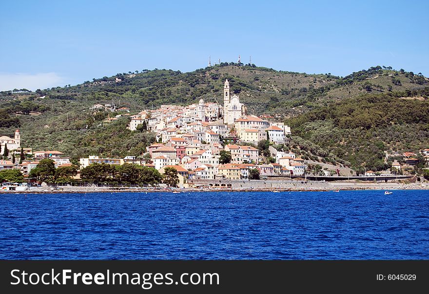 View of Cervo, medieval village in Liguria, Italy from the sea.