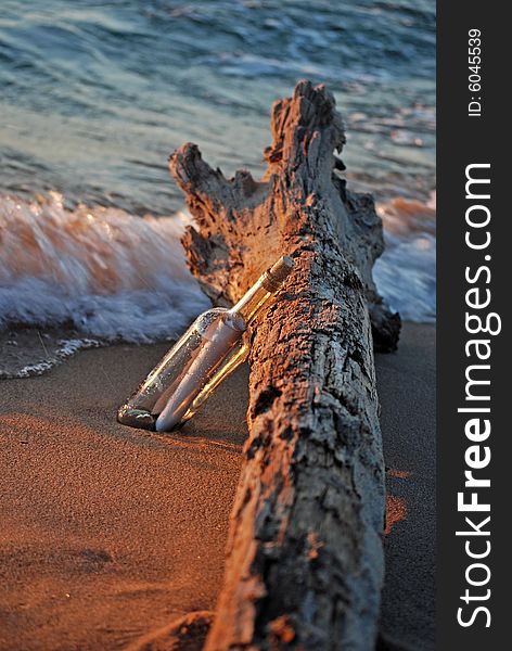 Message in a bottle propped up on a driftwood log. Message in a bottle propped up on a driftwood log.