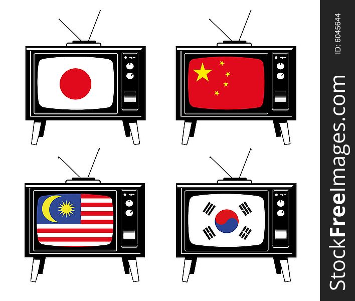 Illustration of a retro Tv with the flags of Japan, China, Malaysia, South Korea. Illustration of a retro Tv with the flags of Japan, China, Malaysia, South Korea.