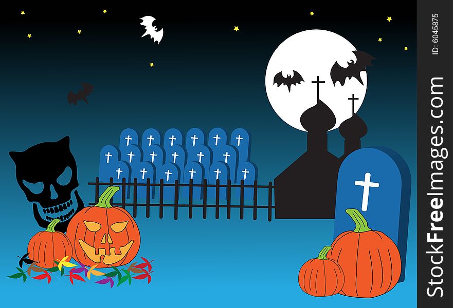 Abstract colored background with graveyard, bats and pumpkins for Halloween. Abstract colored background with graveyard, bats and pumpkins for Halloween