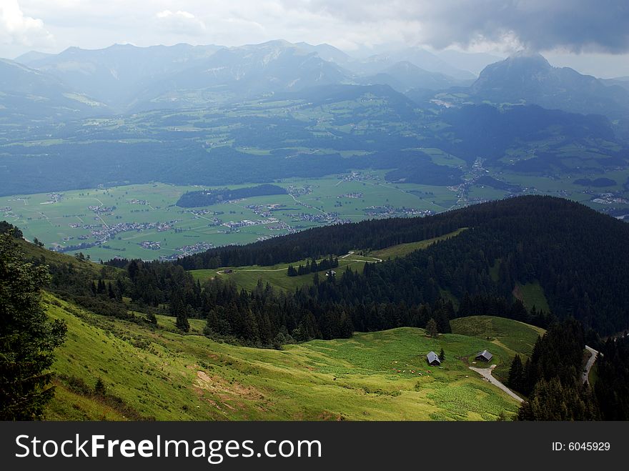 Peasant house with the cows in the  valley. Peasant house with the cows in the  valley