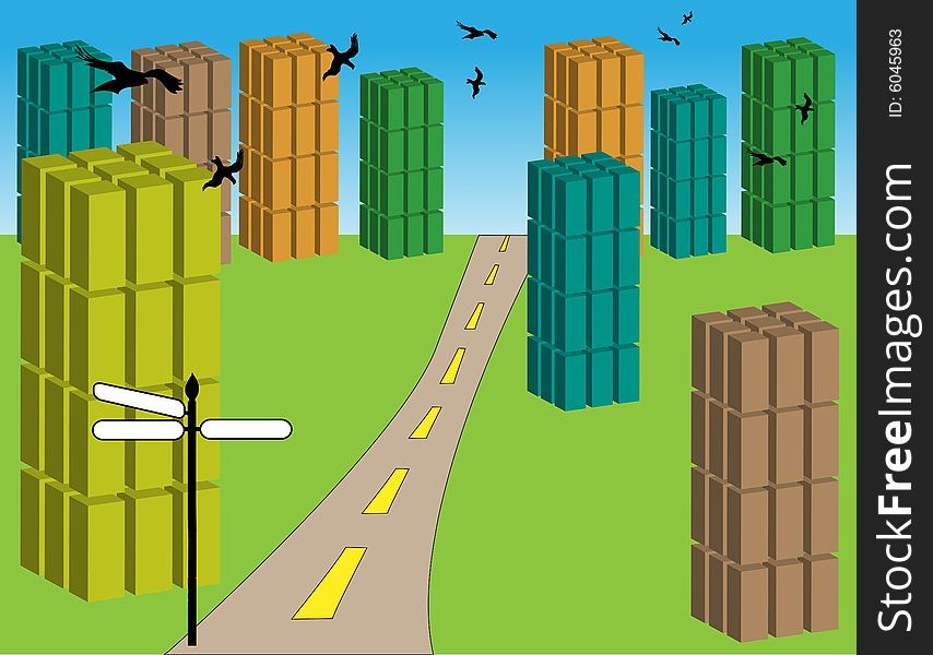 Background with colored buildings near a street, and black birds flying