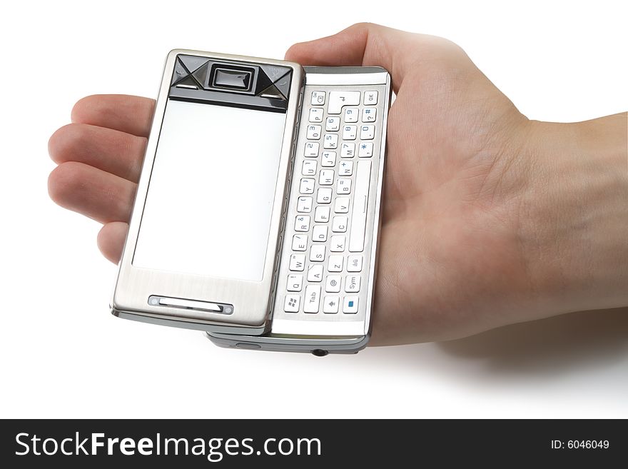 Holding pda in human palm, isolated, with clipping path