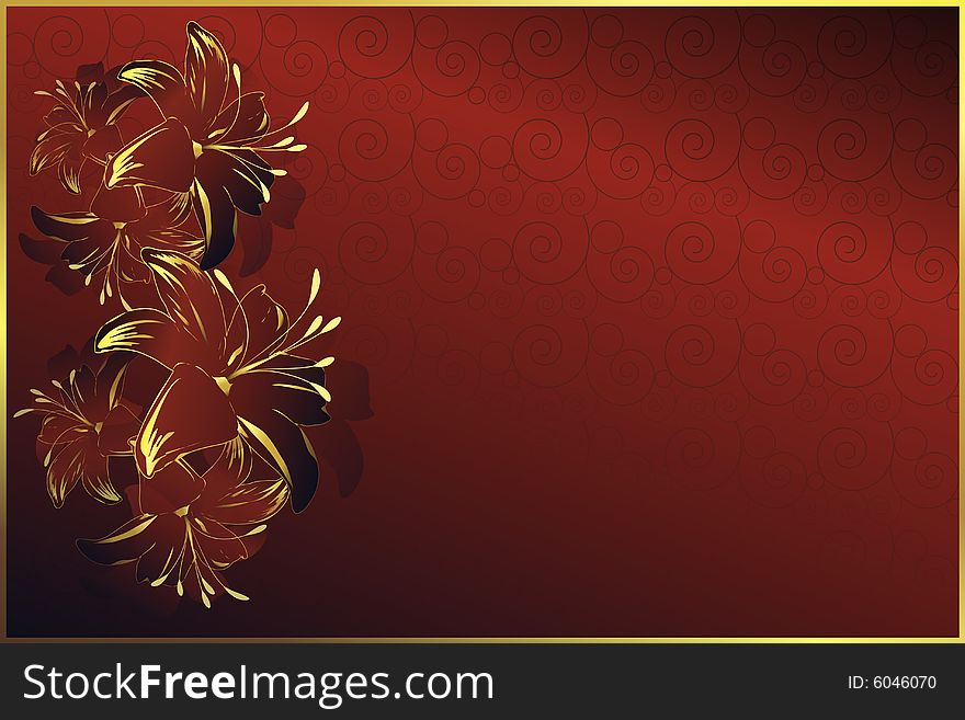 Red background with spirals and blossoms in gold and red. Red background with spirals and blossoms in gold and red