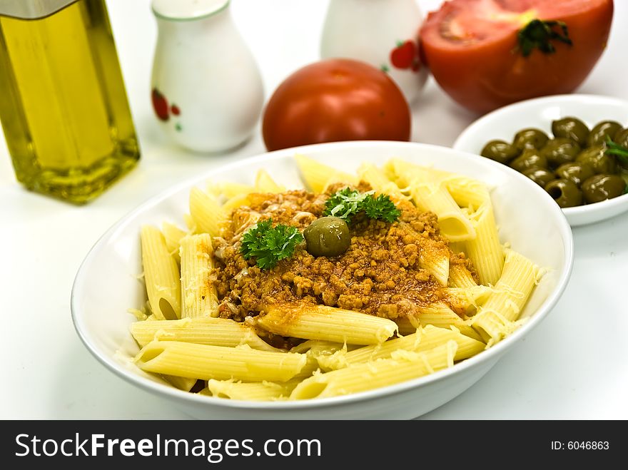 Spaghetti Bolognese With Parmesan Cheese And Olive