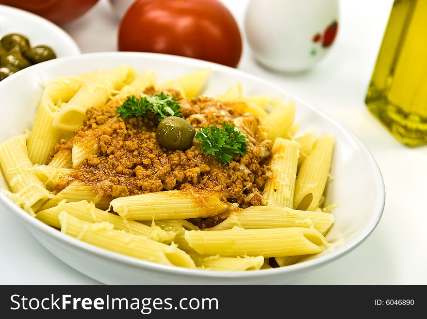 Spaghetti Bolognese With Parmesan Cheese And Olive