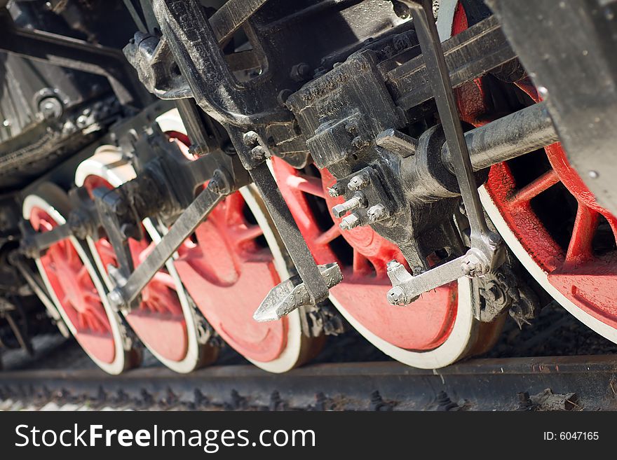 Red wheels of steam locomotive. Red wheels of steam locomotive