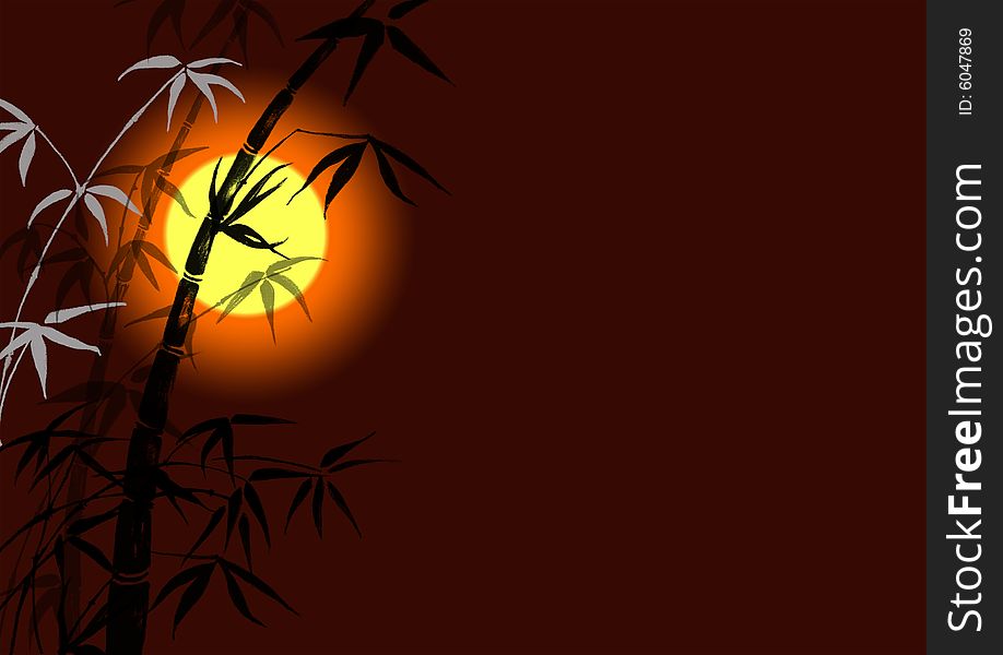 Bamboo leaves on a dark background, yellow sun. Bamboo leaves on a dark background, yellow sun.