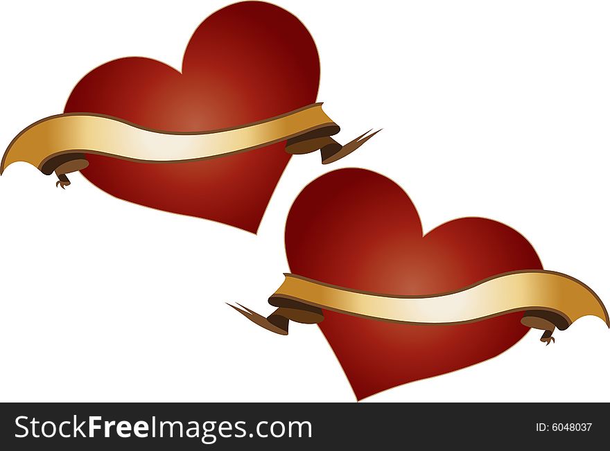 A vector illustration of two shiny red hearts with golden ribbons. A vector illustration of two shiny red hearts with golden ribbons