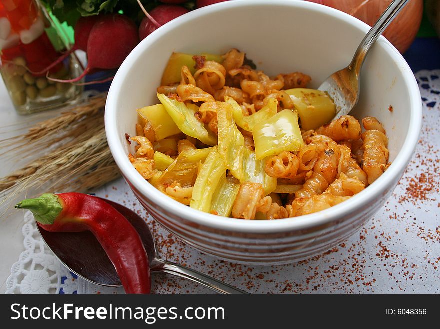 Fresh italian pasta with paprikas and eggs