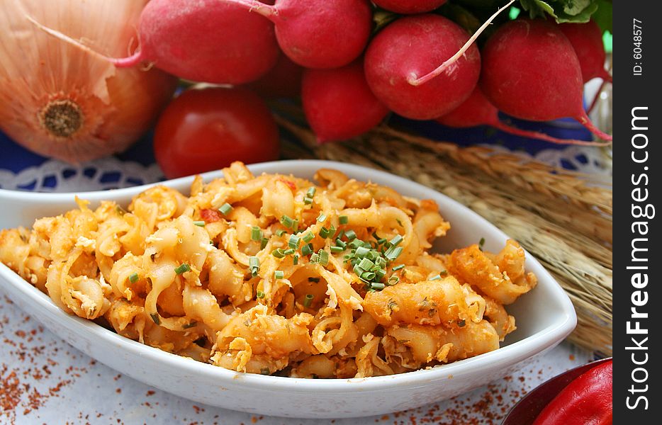 Italian pasta with eggs and onions